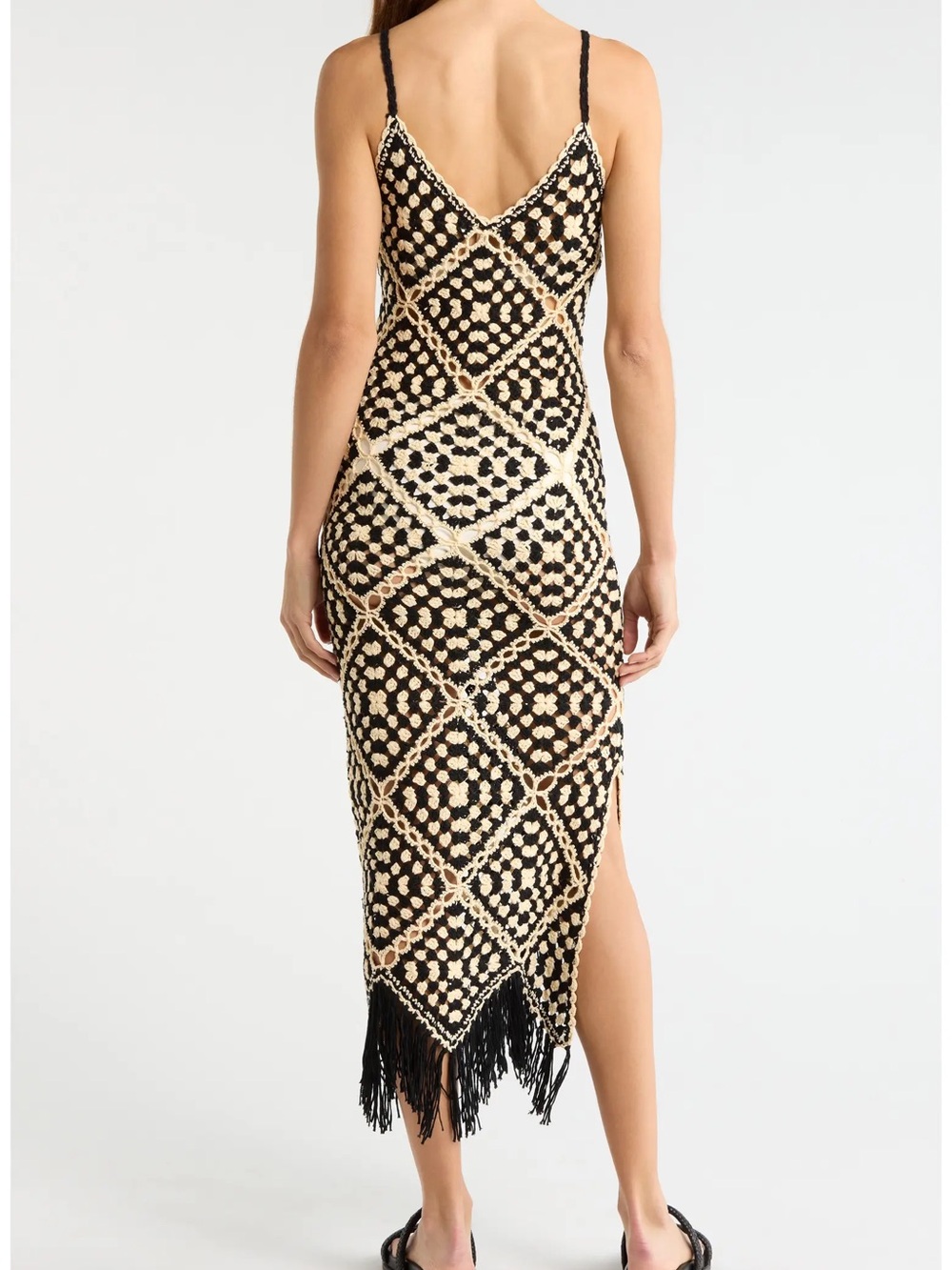 Elan Crochet Maxi Cover Up Dress Size Small Black Off White Cream Fringe NWT - Picture 5 of 15